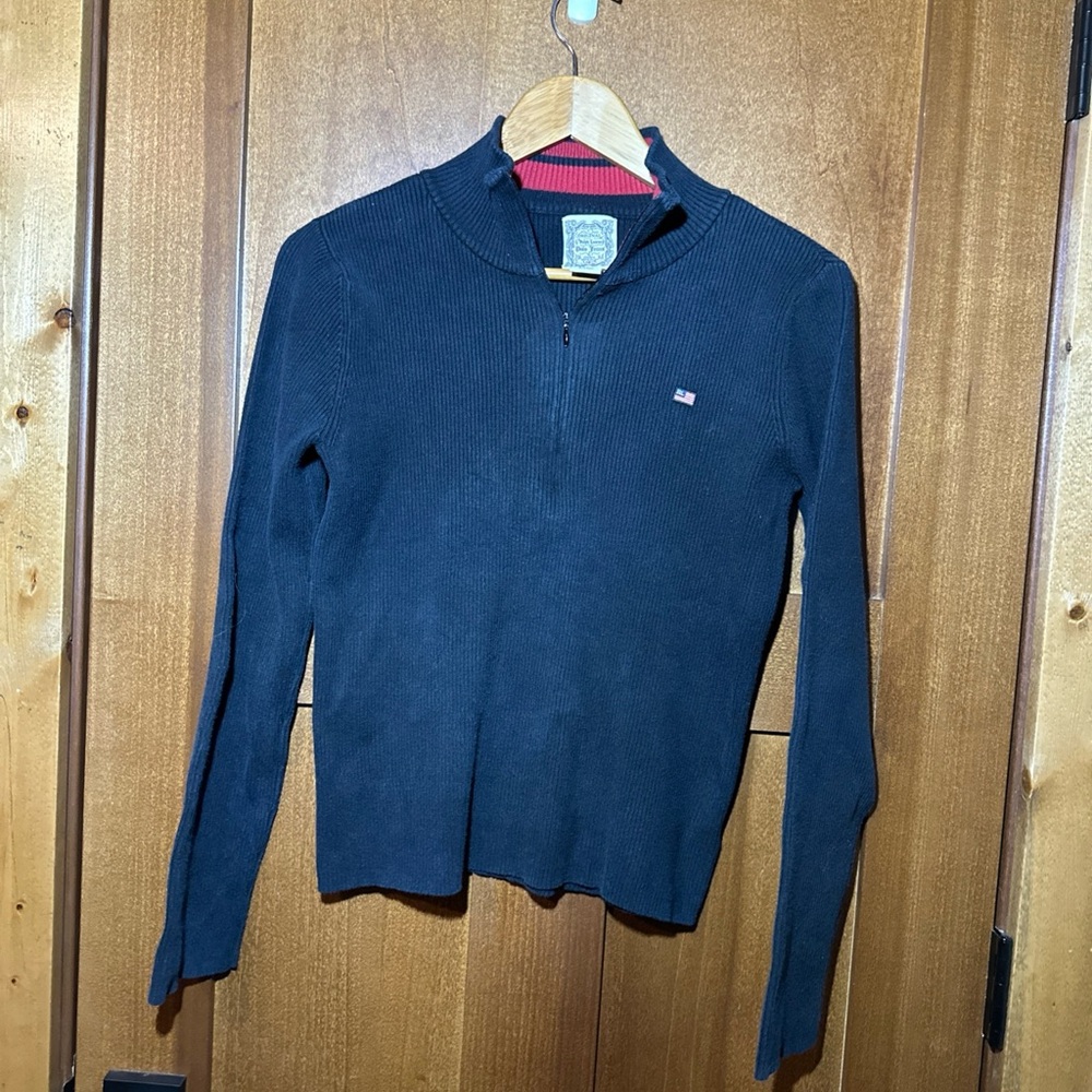 Ralph Lauren‎ Polo Jeans Women’s Half Zip Black/Red Ribbed Sweater Sz L